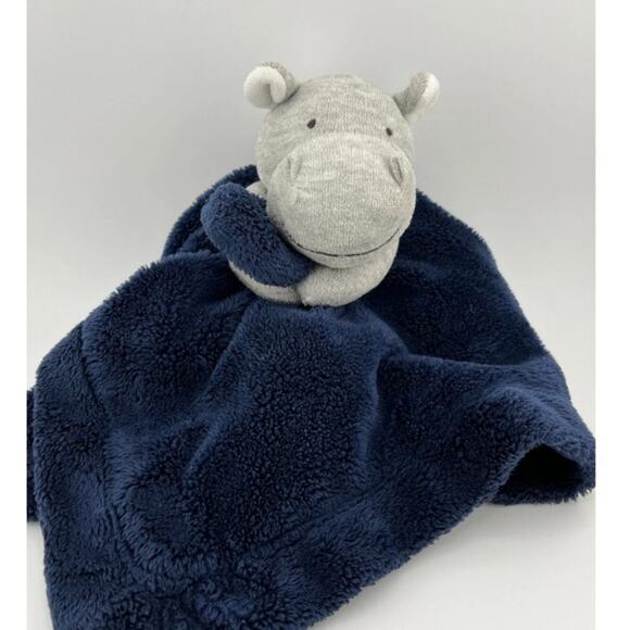 Carters Hippo Lovey Security Blanket Navy Gray Rattle Satin Lined Plush Baby Toy - Picture 2 of 10